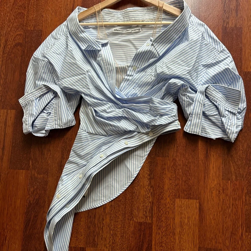 SOLD! Alexander Wang Off Shoulder Asymmetric Striped Mesh Accent Poplin Top 2 - Picture 10 of 17